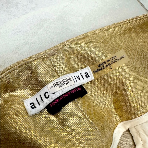 Alice+Olivia "Melissa" Metallic Textured Golden Linen Low Rise Flare Pant Size 2 - Picture 7 of 7